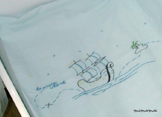 Pirates CRADLE BEDDING hand embroidered baby blanket blue white