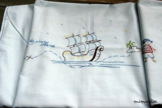 Pirates CRADLE BEDDING hand embroidered baby blanket blue white