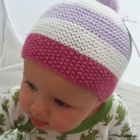 bambino in maglia a strisce berretto con Pompon pompon in Dusky rosa, bianco e Lilla (BH48) 3-6 mesi