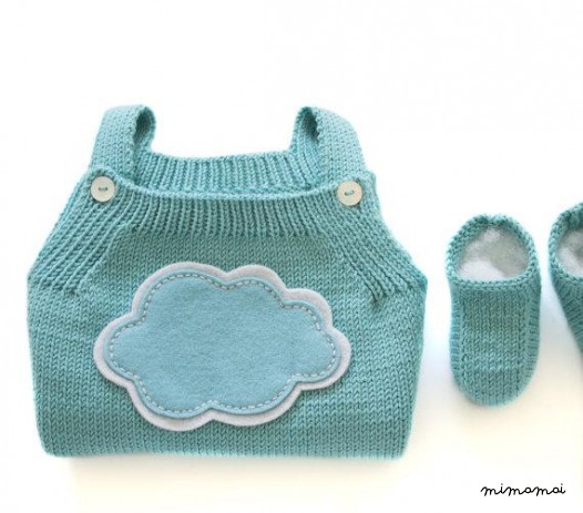 Maglia bambino salopette con una nuvola di feltro. Menta. Lana merino.