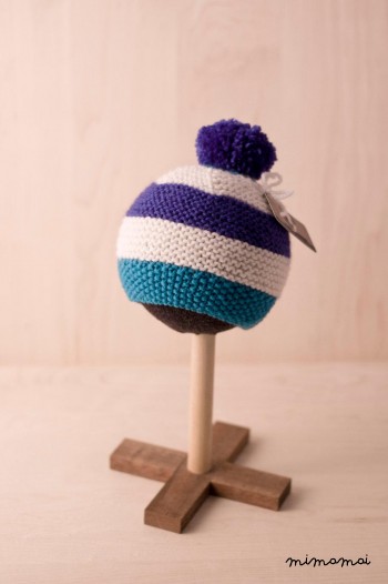 baby pompom knitted striped Bobble hat in blue