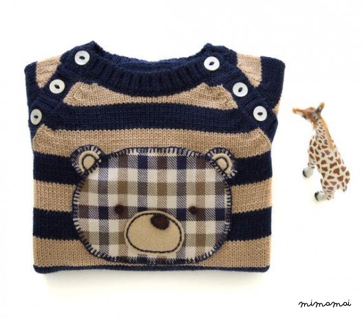 Maglia bambino tuta. Strisce blu e cammello. Orso in tartan.