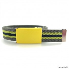Grey belt, yellow buckle with black and yellow stripes