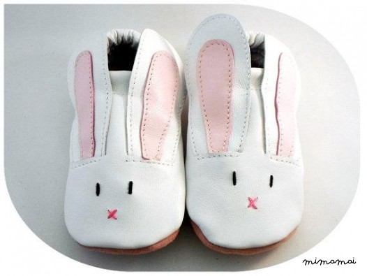 Coniglio bianco bambino pantofole in pelle, scarpe in pelle suola morbida a mano