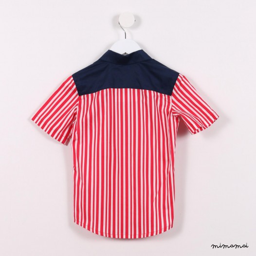 Short-sleeved Contrast Shoulder Shirt red stripes
