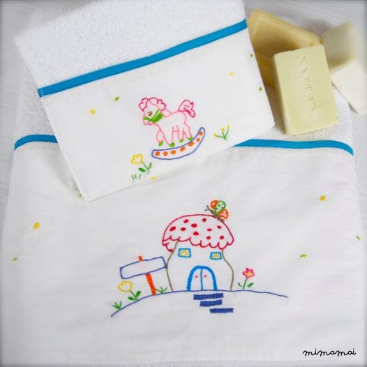 set 2 baby towels bath hand towel hand embroidered unisex Carousel turquoise