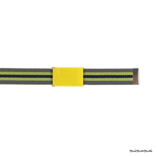Grey belt, yellow buckle with black and yellow stripes