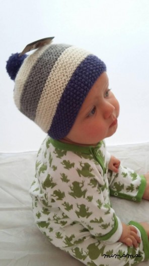 Baby knitted striped Bobble pompom hat in indigo
