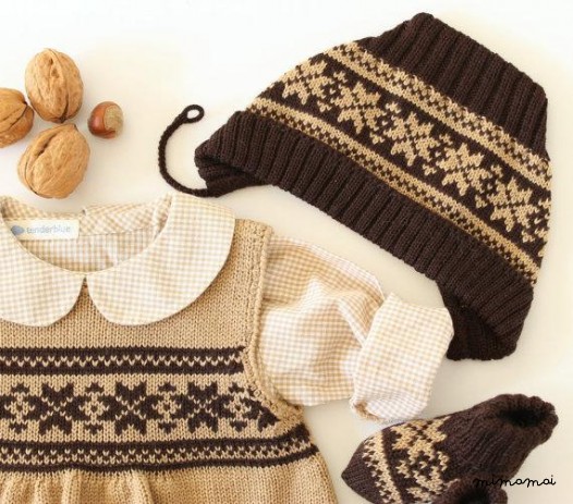 Maglia bambino vestito, berretto e calzini jacquard cammello/marrone