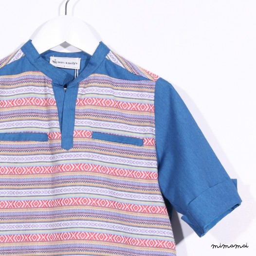 3/4 Sleeved Slip-on Shirt orange stripes and denim