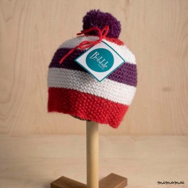 Pom pom baby maglia a strisce berretto con pompon in rosso, bianchi e viola, 6-12 mesi
