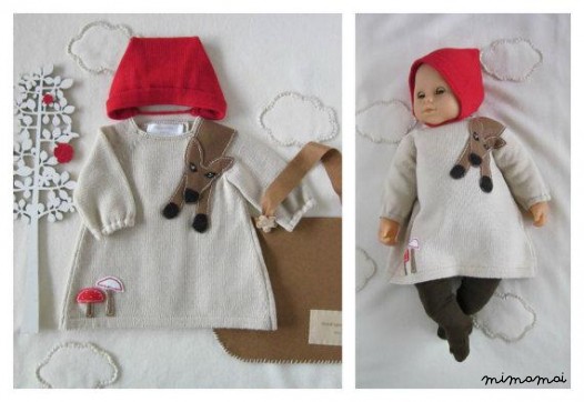 Abito in maglia baby e cappuccio. Little Red Riding Hood. 100% lana.
