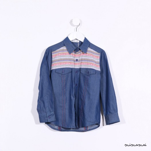 Long-sleeved Shirt with Yoke Detail denim and orange