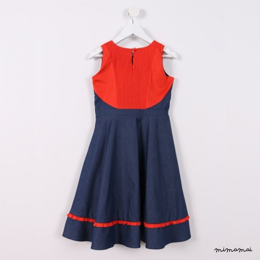 Pleated Dress with Frill blue and denim