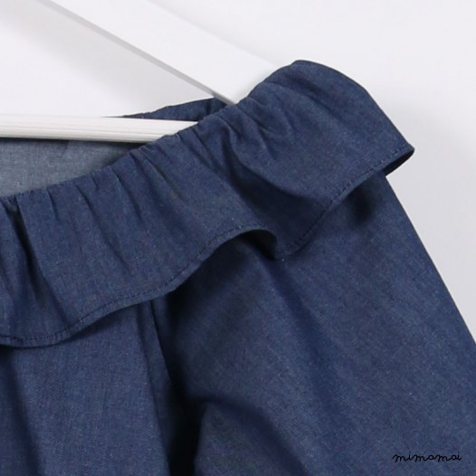 Peasant Top with Frill blue denim