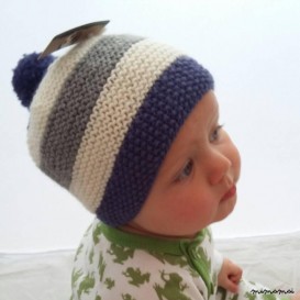 Baby knitted striped Bobble pompom hat in indigo