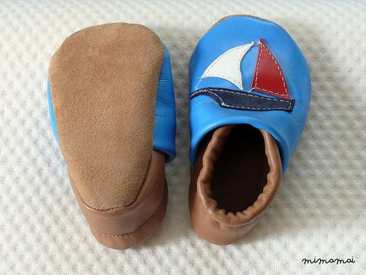 A mano morbida pelle suola scarpa - nave, marrone-blu per bambino, bambino, bambini