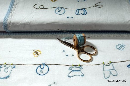 baby linen sheet pillowcase,hand embroidered, cradle stroller nursery, blue color