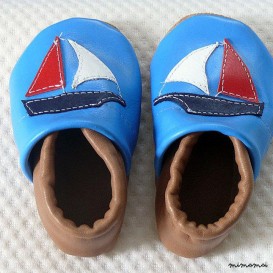 A mano morbida pelle suola scarpa - nave, marrone-blu per bambino, bambino, bambini