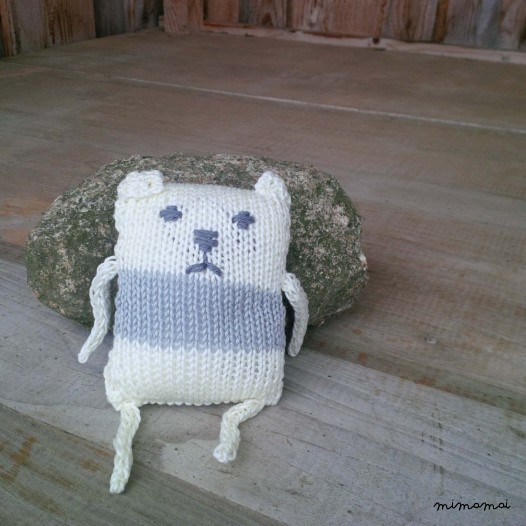 Baby shoes and knitted bear, handmade knitwear of organic cotton, off white and grey