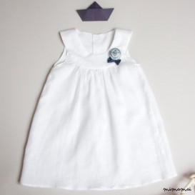 White linen baby dress with Bella brooch