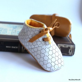 12-18 Months Slippers / Baby Shoes Lamb Leather White Mustard Yellow