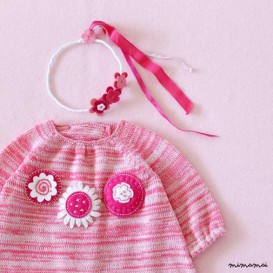 Maglia bambino vestito, fiori, rosa misto del feltro. 100% lana merino.