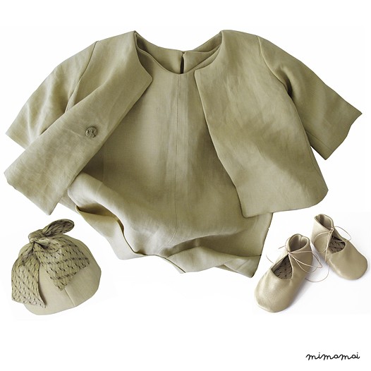 Coat, romper, hat and shoes. 100% linen, silk and soft leather.