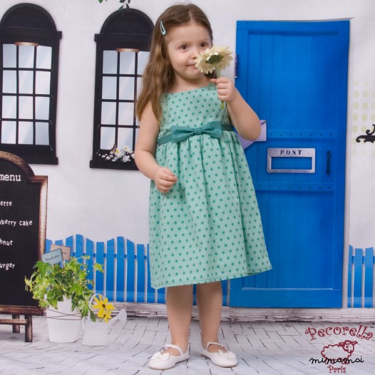 Baby dress in jade printed cotton "Stars"
