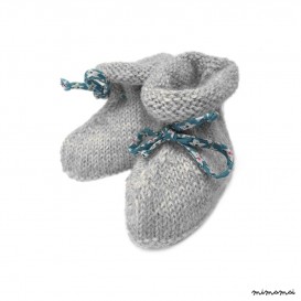 Chaussons bottines alpaga grise et ruban fleuri bleu fleurs blanches