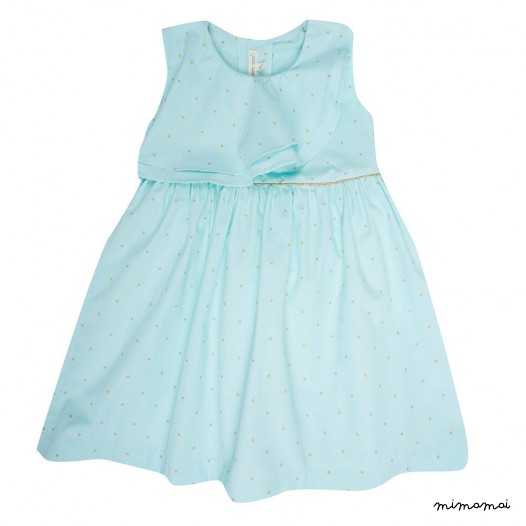 Sleeve-less dress, 100% cotton toddler dress, Aqua colour girls dress, Golden dots dress
