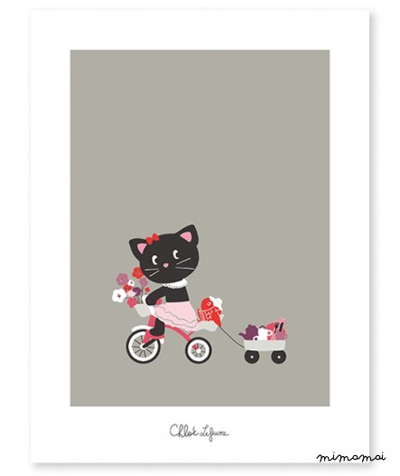 Affiche d&eacute;corative enfant chat et son tricycle fille