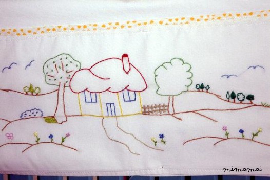 baby linen sheet pillowcase hand embroidered cradle stroller walk in the countryside nursery