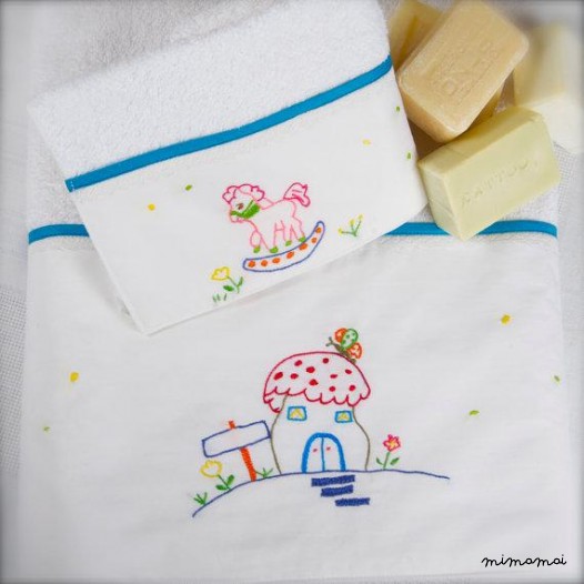set 2 baby towels bath hand towel hand embroidered unisex Carousel turquoise