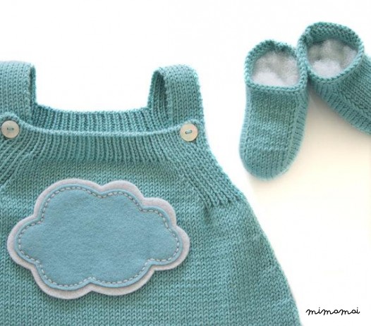 Maglia bambino salopette con una nuvola di feltro. Menta. Lana merino.