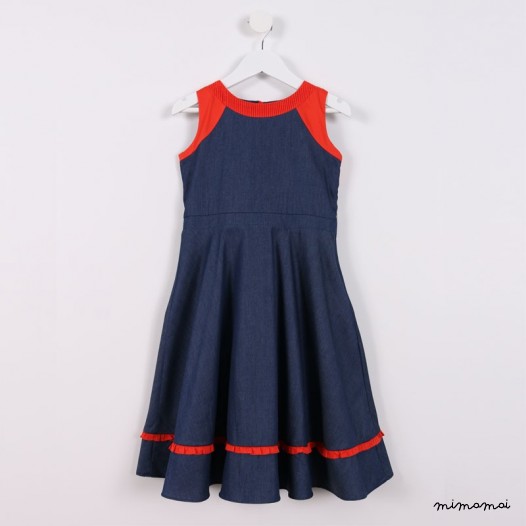 Pleated Dress with Frill blue and denim
