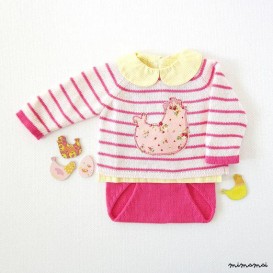 Maglia maglione a righe e copertura di pannolino in rosa con pollo. 100% cotone.