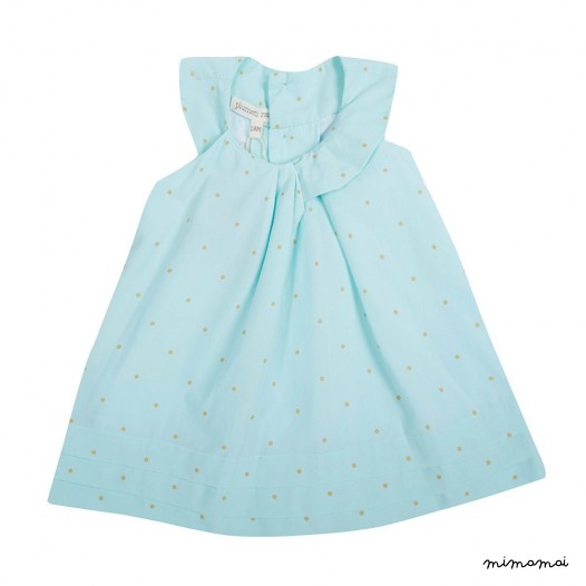 100% cotton in aqua colour dress, Golden dots baby dress