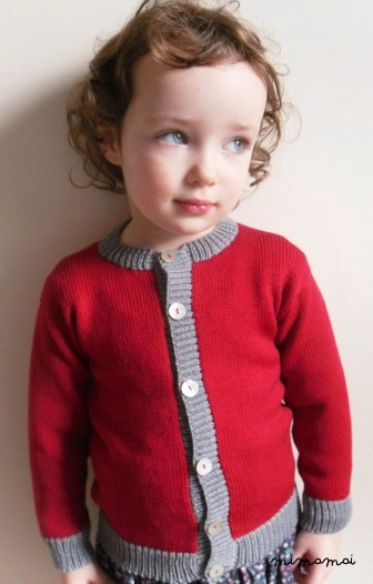 Knitted woollen Cardigan, Ruby Red & Grey