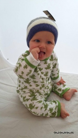 Baby knitted striped Bobble pompom hat in indigo